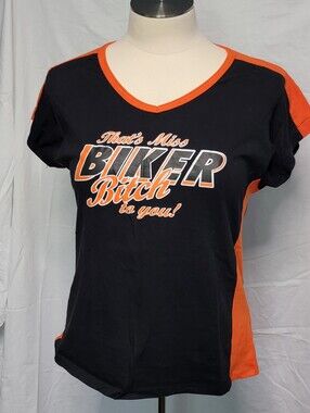 Women's Black & Orange V-Neck Biker Graphic Tee 2XL